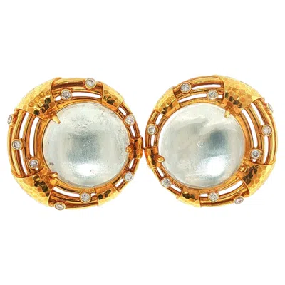 Pre-owned Andrew Clunn Vintage  Rock Crystal Quartz Cabochon Earrings W/diamonds 18k Gold In Multi