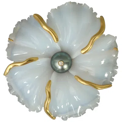 Pre-owned Andrew Clunn White Agate Flower Brooch