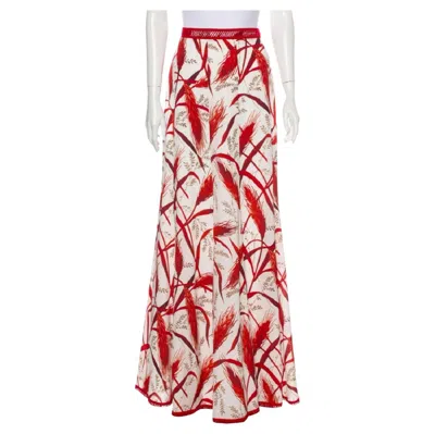 Pre-owned Andrew Gn 2018 Collection Rye-print Silk-georgette White Red Maxi Skirt Fr. 38