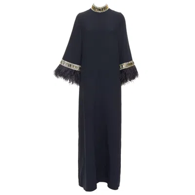 Pre-owned Andrew Gn 2021 Runway Black Ostrich Feather Trim Glass Beads Maxi Dress Fr38 M