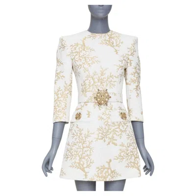 Pre-owned Andrew Gn 2022 Runway Coral Jacquard White Gold Belted Cocktail Dress Fr34 Xxs