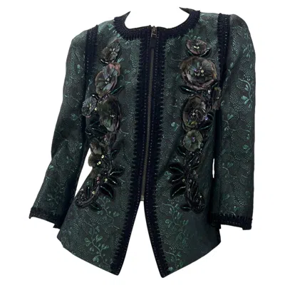 Pre-owned Andrew Gn Beaded & Feather Embellished Emerald Green Evening Blazer Jacket Fr 44