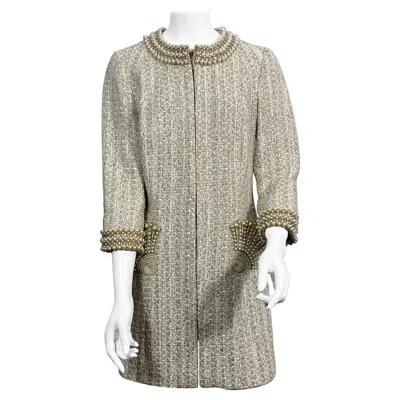 Pre-owned Andrew Gn Beige And Ivory Boucle Tweed And Pearl Coat - 2005 Collection - Size M In White