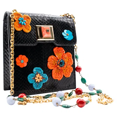 Pre-owned Andrew Gn Black Snakeskin Pocket Bag Beaded Appliqués & Semi-precious Stones