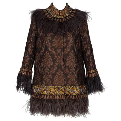 Pre-owned Andrew Gn Brown Brocade Feather And Jewel Embellished Coat