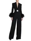 Andrew Gn Crepe V-neck Jumpsuit With Feather Cuffs In Black In Black