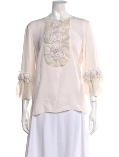 Pre-owned Andrew Gn Crew Neck Three-quarter Sleeve Blouse In White