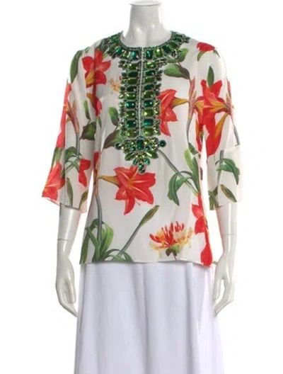 Pre-owned Andrew Gn Floral Print Crew Neck Blouse In White