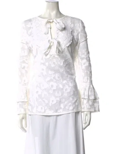 Pre-owned Andrew Gn Floral Print Tie Neck Blouse In White