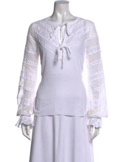 Pre-owned Andrew Gn Lace Pattern Tie Neck Blouse In White