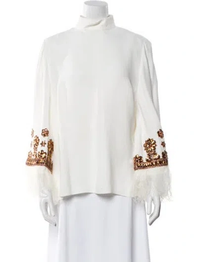 Pre-owned Andrew Gn Mock Neck Three-quarter Sleeve Blouse In White