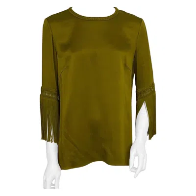 Pre-owned Andrew Gn Olive Satin Looking Fringe Sleeve Top -size 40 In Brown