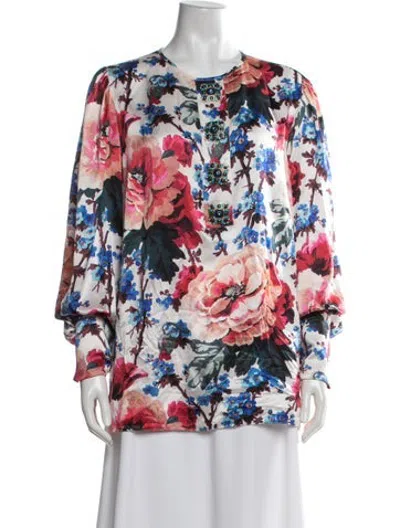 Pre-owned Andrew Gn Silk Floral Print Blouse In White