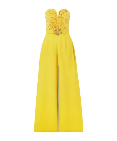 Andrew Gn Strapless Embellished Ruched Plissé-satin And Crepe Jumpsuit In Yellow