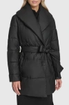 Andrew Marc Adela Faux Leather Shawl Collar Quilted Wrap Coat In Black