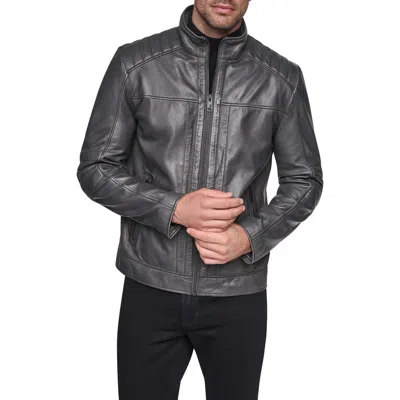 Andrew Marc Aged Leather Racer Jacket In Carbon