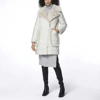 ANDREW MARC BLACK LABEL ANDREW MARC BLACK LABEL WOMEN'S ASTOR ASYMMETRICAL MIXED MEDIA PUFFER WITH FAUX FUR TRIM