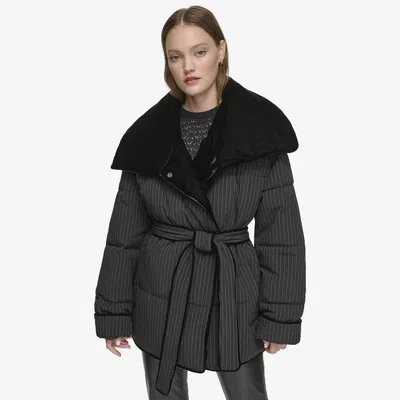 ANDREW MARC BLACK LABEL ANDREW MARC BLACK LABEL WOMEN'S KRITHIA ASYMMETRICAL PINSTRIPE WRAP COAT