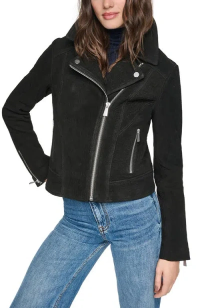 Andrew Marc Castile Nubuck Leather Moto Jacket In Black