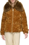 Andrew Marc Charleroi Faux Fur Collar Down & Feather Fill Velvet Puffer Jacket In Rust