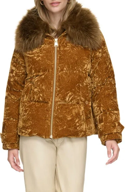 Andrew Marc Charleroi Faux Fur Collar Down & Feather Fill Velvet Puffer Jacket In Rust
