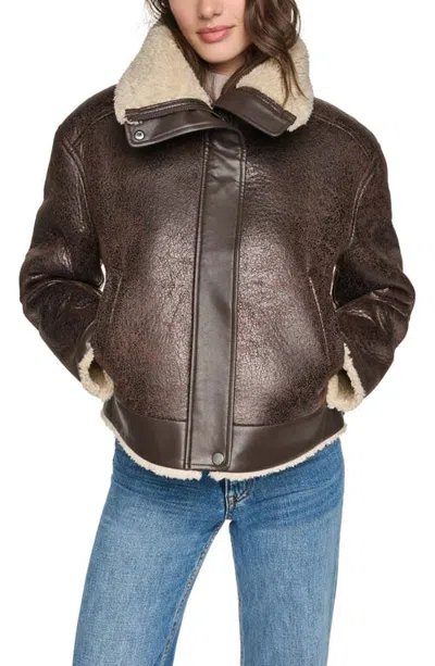 Andrew Marc Ellery Faux Leather & Faux Shearling Aviator Jacket In Brown