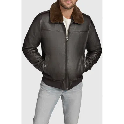 Andrew Marc Hedland Shearling Collar Lambskin Leather Aviator Jacket In Black