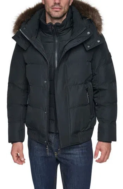 Andrew Marc Hooded Down & Feather Fill Bomber Jacket With Faux Fur Trim In Black