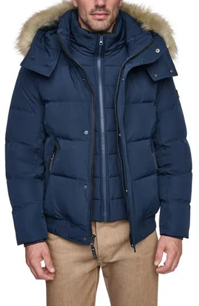 Andrew Marc Hooded Down & Feather Fill Bomber Jacket With Faux Fur Trim In Blue
