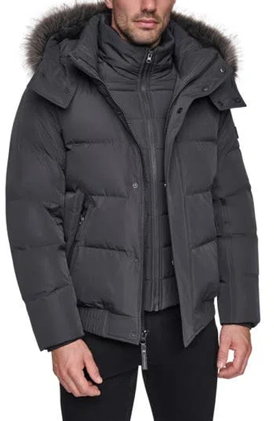 Andrew Marc Hooded Down & Feather Fill Bomber Jacket With Faux Fur Trim In Gray