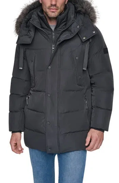 Andrew Marc Hooded Down & Feather Fill Parka With Bib In Blue