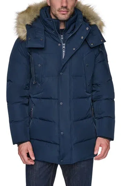 Andrew Marc Hooded Down & Feather Fill Parka With Bib In Blue