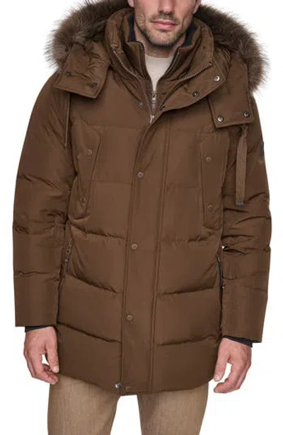 Andrew Marc Hooded Down & Feather Fill Parka With Bib In Brown