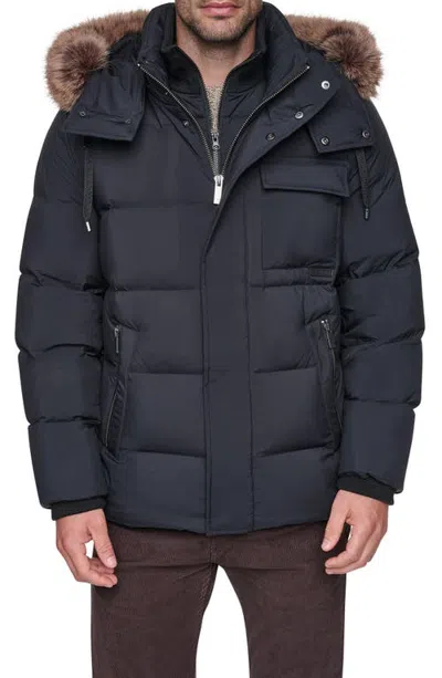 Andrew Marc Hooded Down & Waterfowl Feather Fill Parka With Faux Fur Trim In Black