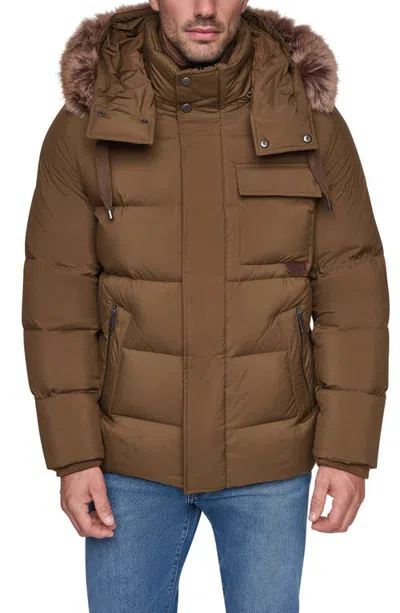 Andrew Marc Hooded Down & Waterfowl Feather Fill Parka With Faux Fur Trim In Brown