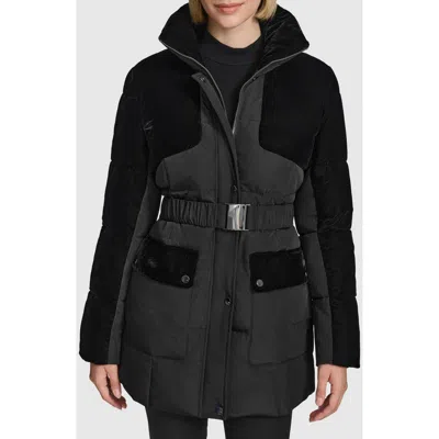 Andrew Marc Kempsey Belted Mixed Media Coat In Black