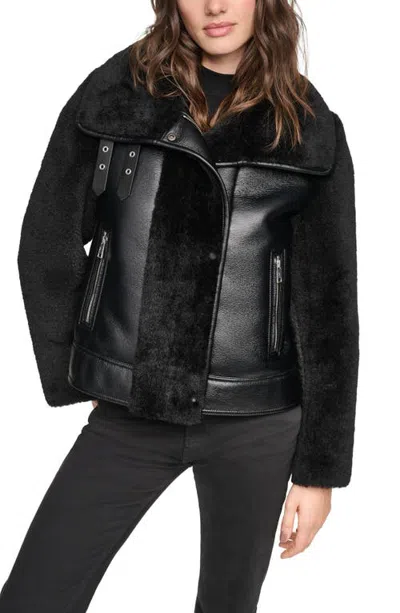 Andrew Marc Kemsley Faux Leather & Faux Shearling Moto Jacket In Black