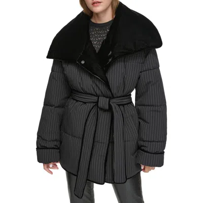 Andrew Marc Krithia Pinstripe Belted Puffer Coat In Black