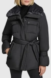 Andrew Marc Laken Faux Fur Trim Belted Puffer Coat In Black