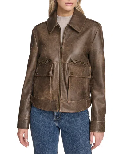 Andrew Marc Leather Aviator Jacket In Brown