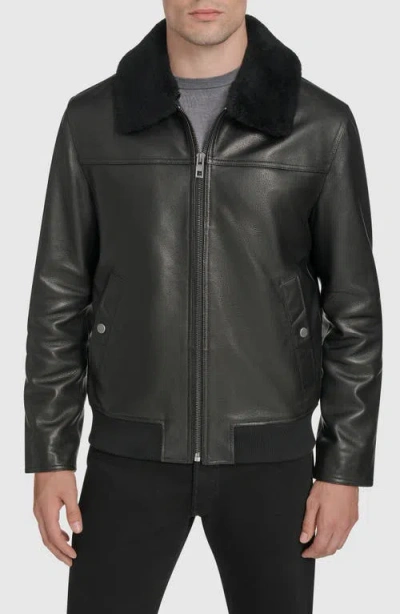 Andrew Marc Leather Aviator Jacket With Removable Genuine Shearling Collar In Black