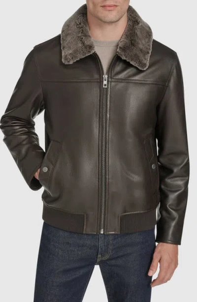 Andrew Marc Leather Aviator Jacket With Removable Genuine Shearling Collar In Burgundy
