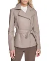 Andrew Marc Leather Belted Moto Jacket In Brown
