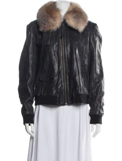 Pre-owned Andrew Marc Leather Bomber Jacket In Blue
