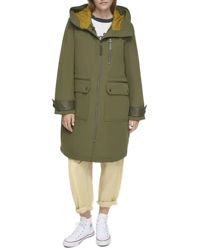 Andrew Marc Gemas Lightweight Parka Coat With Matte Shell And Faux Leather Details In Artichoke