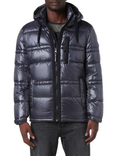 Andrew Marc Men's Gotham Hooded Liquid Puffer Jacket In Blue