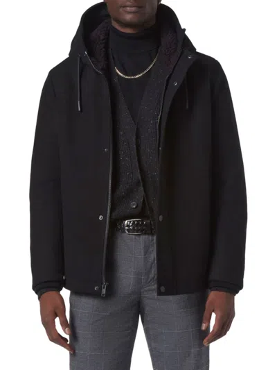 Andrew Marc Men's Palmer Faux Fur Trim Wool Blend Hooded Jacket In Blue Heather