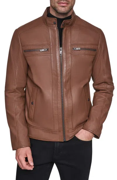 Andrew Marc Nubuck Leather Racer Jacket In Cognac