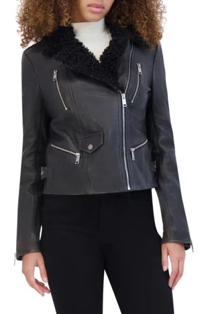 Andrew Marc Paley Leather Jacket With Faux Shearling Collar In Black