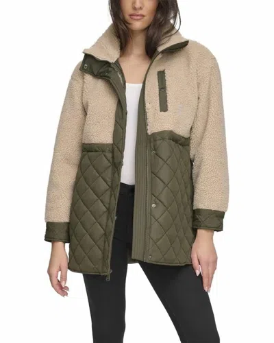 Andrew Marc Sherpa Trim Longline Quilted Jacket In Beige In Brown